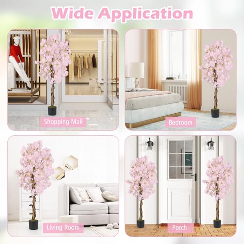GOFLAME 5FT Artificial Cherry Blossom Tree, 2 Pack Faux Pink Silk Plant with Solid Wood Trunk, Realistic Moss and Nursery Pot, Fake Sakura Flower Tree for Home Office Indoor Decor