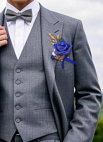 Blue Boutonniere and Cosrage Set - 2 Pcs Artificial Flowers Wrist Corsage and Boutonniere Kit for Wedding Prom Dinner Party, Boutonniere and Corsage Wristlet for Groom Bride Anniversary Ceremony - color: Blue