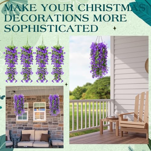Hotop 2 Set Artificial Flowers with Hanging Basket Includes 6 Pcs Morning Glory Vines Faux Outdoor Hanging Plants Waterproof UV Resistant Fake Flowers for Patio Spring Summer Decor(Purple) - color: Purple
