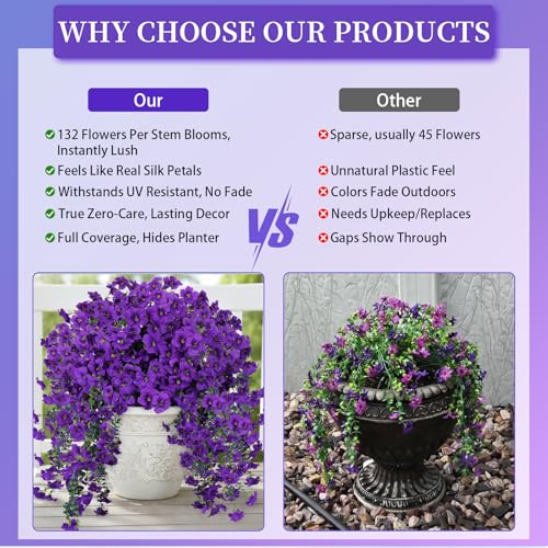 3PCS 396 Heads Morning Glory Artificial Purple Hanging Flowers for Outdoor, Fake UV Resistant Flowers Realistic Trailing Faux Plant for Porch Patio Balcony Yard Decoration - color: Purple