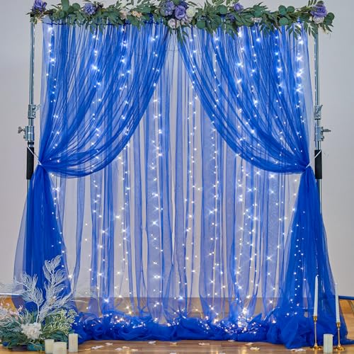 Royal Blue Backdrop Curtains with Lights String for Parites Wedding 10×8ft Sheer Tulle Backdrop Curtain for Graduation Ceremony Baby Shower Birthday Party Prom Photo Shoot Background Decorations - color: Royal Blue, size: 10 ft X 8 ft(2 Panels 5ft X 8ft)