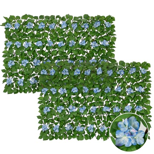 Expandable Fence Privacy Screen with Artificial Flower, Faux Privacy Fence Panel Artificial Green Wall Balcony Garden Patio Privacy Screen, Single Sided Leaves (Blue Hydrangea, 2 Pack) - color: Blue Hydrangea, size: 2 Pack