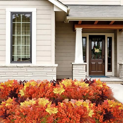 Dremisland 24 Bundles Artificial Fall Flowers for Decorations, Fake Mums Faux Plants UV Resistant Plastic Flowers for Autumn Thanksgiving Halloween Garden Yard Window Box Home Indoor Outside Decor - color: Fall Orange