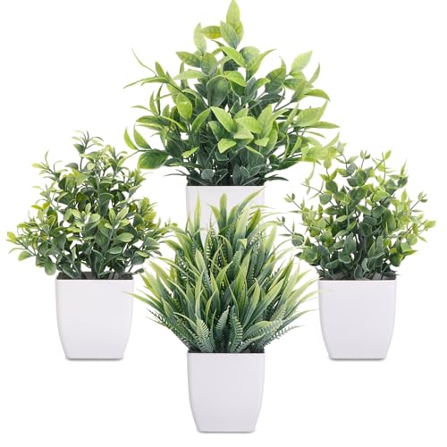 CEWOR Fake Plants 4 Packs Small Artificial Greenery Mini White Potted Plants Bathroom Accessories Decorations for Desk Bathroom Office Home Room Kitchen Table Indoor - color: Grey1