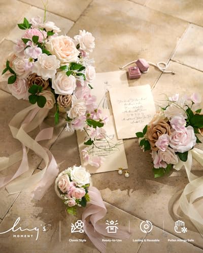Ling's moment Artificial Flowers Fake Dahlia Faux Gardenia Foam Roses Combo for DIY Wedding Bouquets Centerpieces Arrangement Bridal Shower Party Home Decoration, Powder Pink, 25pcs - color: Pk-powder Pink