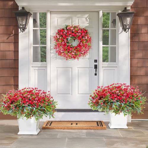 36 Pcs Artificial Flowers for Outdoor, UV Resistant Outdoor Fake Plants Faux Plastic Flowers Shrubs for Outside Garden Patio Porch Window Box Spring Summer Decor (Mixed Red) - color: Red