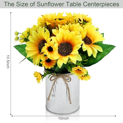 Artificial Sunflower Table Centerpieces - Set of 6 Faux Spring Summer Sunflowers Arrangements with Rustic Metal Vase for Kitchen Office Bathroom Home Farmhouse Wedding Party Decorations - color: Yellow
