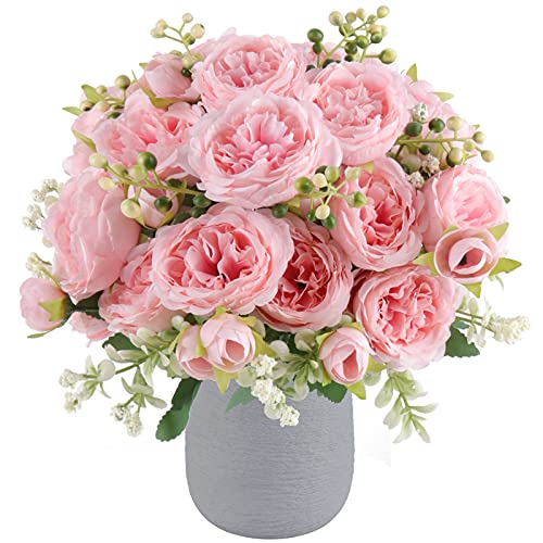 Pusuny Artificial Peonies Silk Flowers, 4 Bundles Faux Peony Bouquet Florals Arrangements for Farmhouse Home Boho Wedding Table Centerpiece, Fake Plastic Flower Bulk for Vase Decoration (Light Pink) - color: Light Pink, size: 4PCS
