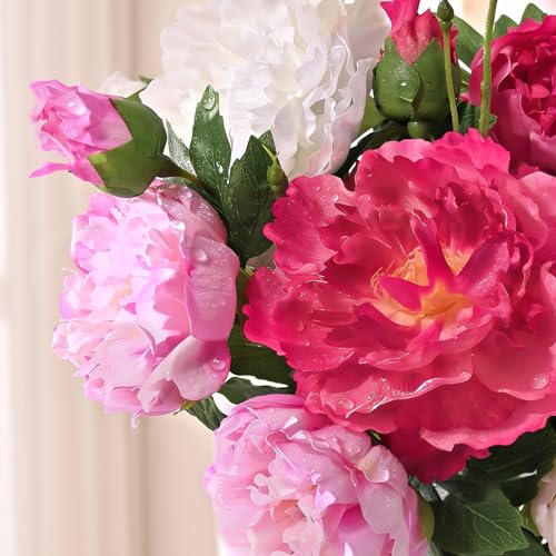 Yastouay 5 Bouquets Peonies Artificial Flowers with 22'' Long Stems, Latex Real Touch Faux Peony Flowers, Fake Peonies Bouquet for Table Centerpiece, Vases Home Wedding Party Decor (Red/White/Fuchsia) - color: Red/White/Fuchsia, size: 5PCS