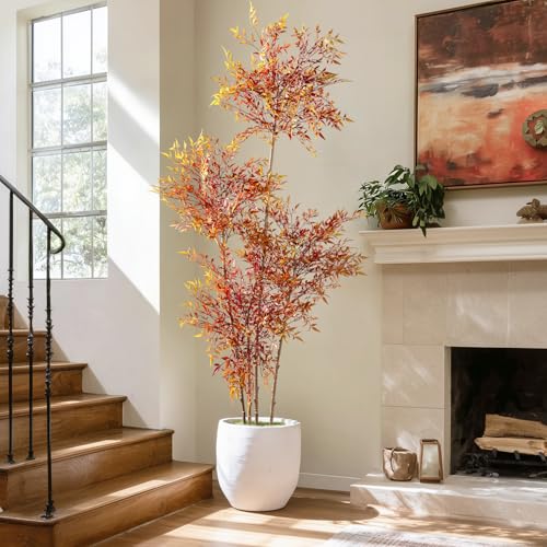 Big Artificial Tree Large Fake Nandina Trees Plastic plantas Indoor Outdoor Realistic Floor Plants Faux Bamboo Plant for Home Living Room Corner Office Patio Porch Bonsai Decor Housewarming Gift - color: Red, size: 6ft 7in
