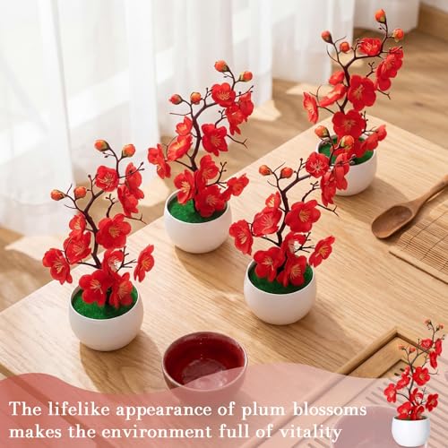 Suncalla 4 Pack Artificial Red Plum Blossom Fake Bonsai, Silk Flower Arrangement with Flower Pot, Cherry Blossoms Decor for Hibachi Party Chinese Japanese Asian Theme Party Supplies (Upright) - style: Upright