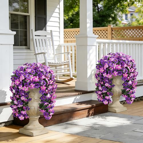 Ivydale Artificial Hanging Flowers for Outdoors, Faux Morning Glory 2Pcs UV & Fading Resistant Silk Flower for Porch Patio Balcony Planter Yard (Puple red) - color: Puple Red