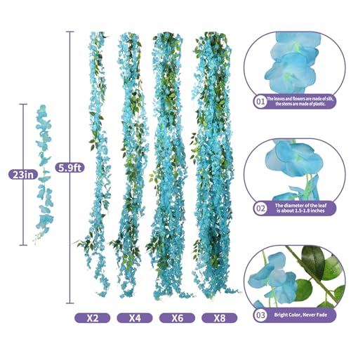 ARTKAIKE Artificial Flowers Garland for Home Decor, Fake Wisteria Vine Silk Hanging Plant Flower for Room Bathroom Wall Kitchen Bedroom Garden Outdoor Wedding Decor (4, Blue) - color: Blue