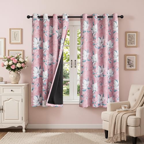 MYSKY HOME Floral Pink Blackout Curtains 84 Inches Long 2 Panels Set for Girls Room Thermal Insulated Energy Efficient Drapes White Flower Patterned Grommet Window Drapes, 52" Wide, Khaki - color: Pink, size: 52"W x 54"L (Pack of 2)