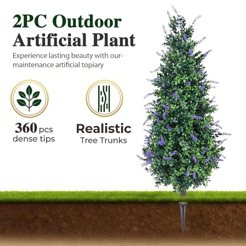 PATIO CHOICE 3ft Artificial Topiary Trees with Lavender Set of 2 Outdoor Faux Plants Artificial Realistic Fake Bushes Decorations for Outdoor Front Porch Garden (Lavender, 36in) - color: Lavender, size: 3ft