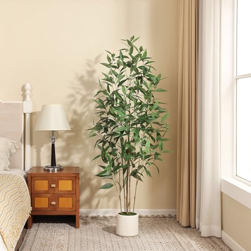 Ferrgoal Artificial Eucalyptus Tree，5FT UV Resistant Fake Outdoor Plants,Artificial Plants Indoor with White Planter,Silk Leaves,Faux Tree for Home Decor Floor Porch Liveing Room - size: 5ft