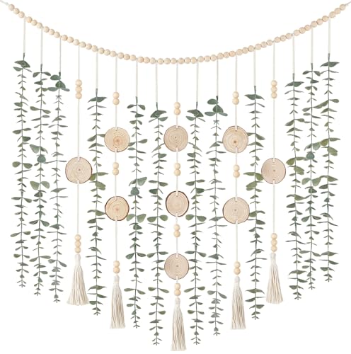 Dahey Hanging Artificial Plant Eucalyptus Wall Decor 43'' Wooden Bead Garland with Fake Greenery Leaves Boho Rustic Farmhouse Wall Art for Living Dining Room Bathroom Bedroom Kitchen Decoration - size: 43 inches