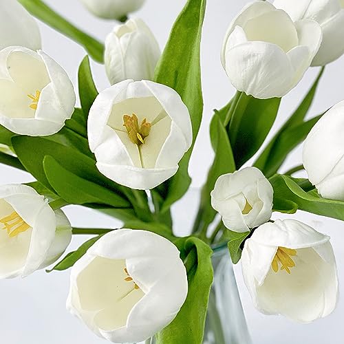 ZYTUYO 20 PCS Fake Tulips White Artificial Flowers 13" Real Touch Tulips Mix Tulip Bulbs Wedding Bouquet for Xmas Home Spring Flower Decor New Year Easter