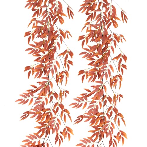 RECUTMS Artificial Hanging Willow Leaves Vine Twigs 2Pcs 5.7Ft Fall Garland Fake Silk Willows Leave Ivy Faux Greenery for Indoor Outdoor Wedding Jungle Birthday Autumn Wreath Thanksgiving Party Decor - color: Orange