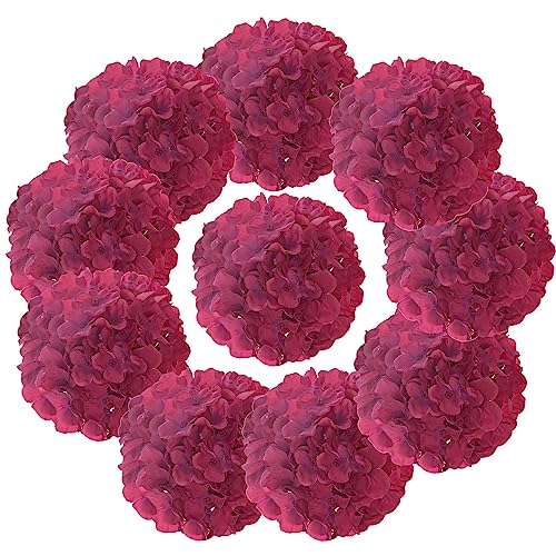 Silk Hydrangea Heads with Stems Artificial Flowers Heads for Home Wedding Decor,Pack of 10 (Fuschia) - color: Fuschia