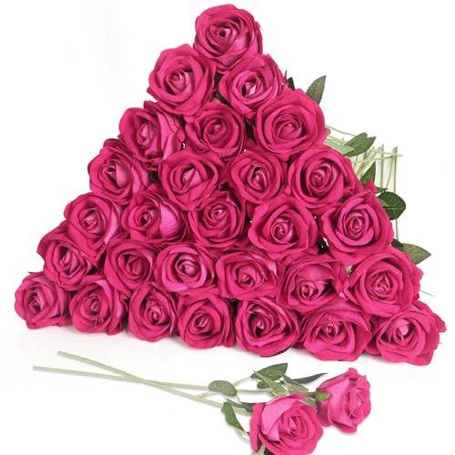 30pcs Silk Roses Artificial Flowers Hot Pink Fake Rose with Long Stem for Arrangement Wedding Party Home Decoration - color: Hot Pink