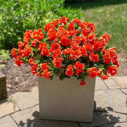 Artificial Faux Flowers Plants for Spring Outdoor Outside Decor, Fake Silk Orange Camellia UV Resistant Look Real for Autumn Planter Porch Patio Balcony Garden Yard Decoration, 3 Large Bundles - color: Fall Orange