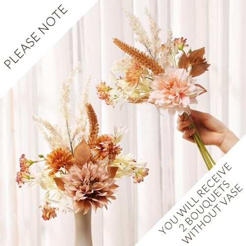 Joeabor Fake Flower Bouquet, Faux Flower Arrangement for Decorating Kitchens, Bedrooms, Bathrooms, Realistic Artificial Flowers Made of Silk & Plastic, Floral Decoration with Dahlia & Small Blossoms - color: Pink & Light Coffee