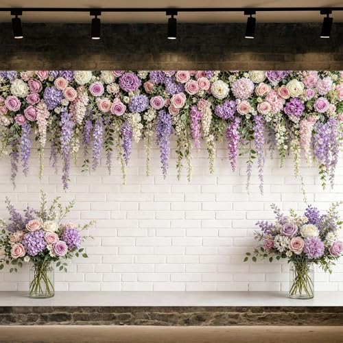 JAWO 5X3ft Floral Brick Wall Backrop Pink Purple Rose Hydrangea Hanging Vine White Brick Wall Photography Backdrop Wedding Bridal Baby Shower Birthday Anniversary Party Decor Photo Booth Prop - color: Purple1, size: 5X3