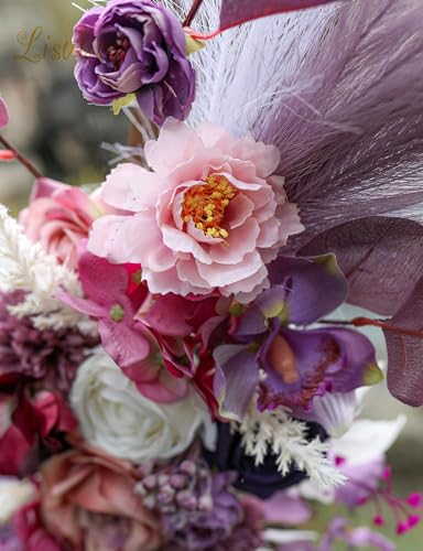 Lisuun Wedding Arch Flowers, Artificial Flowers for Decoration, Large Flower Swag for Boho Styles Wedding Ceremony Floral Decor - Pack of 2 - color: Purple&pampas White
