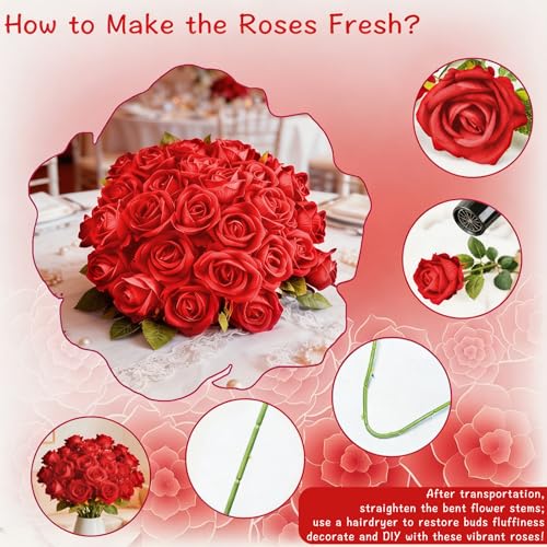 Rose Artificial Flowers Velvet Bouquet with Long Stem Real Touch Fake Roses Florals for Bridal Wedding Bouquet Party Arrangement Centerpiece Decorations (36, Red) - color: Red