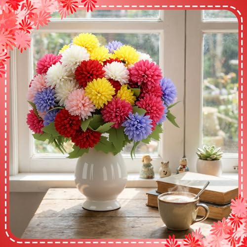 XunYee 12 Pcs Artificial Flowers for Outdoor Indoor Spring Faux Chrysanthemums Mums Fake Flowers Plants for Outside Garden Porch Window Patio Spring Marigold for Vase Table Wedding Home Decor - color: Vivid