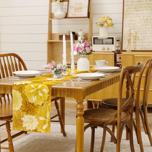 Yellow Dahlia Flower Summer Table Runner Yellow Gray Burlap Table Runners, Spring Elegant Floral Seasonal Coffee Table Center Decor for Home Kitchen Dining Party Indoor Outdoor 13x36 Inch - color: Yellow, size: 13" x 36", Table Runner