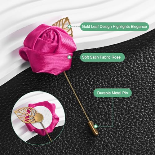 M METERXITY 48-Pack Flower Lapel Pins for Men, Golden Leaf Rose Boutonnieres Pin Groom Boutonnieres for Wedding/Dance/Party, Men Lapel Pins for Suits Satin Flower Corsage [Rose Red] - color: Rose Red