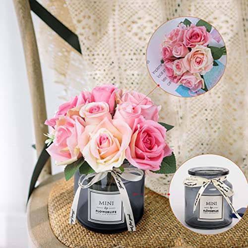 XIAYAN Artificial Flower and Glass vase, Silk Rose Flower Glass Bottle Set, Suitable for Living Room, Dining Table, Office, Wedding, Hotel Banquet and Other Home Decoration. (Pink)……… - color: Pink