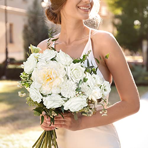 AmyHomie White Artificial Flowers Combo Silk Mix Peony Rose Hydrangea Daisy Fake Flowers w/Stem for DIY Wedding Bouquets Centerpieces Arrangements Table Decor Party Bridal Baby Shower Home Decor - color: Charming White