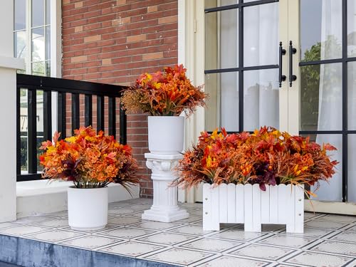 Green Moon 24PCS Artificial Fall Flowers, Faux Maples & Mums for Outdoor | UV Resistant Artificial Flowers for Outdoors Garden Patio Porch, Thanksgiving Autumn Decor Fall Decorations for Home - color: Orange Red Maple