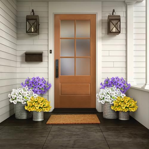 SupBri Artificial Silk Pansy Flowers with Decorative Butterflies, UV Resistant Waterproof No Fade Fake Flowers for Outdoor Pots Garden Patio Decor (White Purple Yellow, 12 Bundles) - color: Yellow/Purple/White
