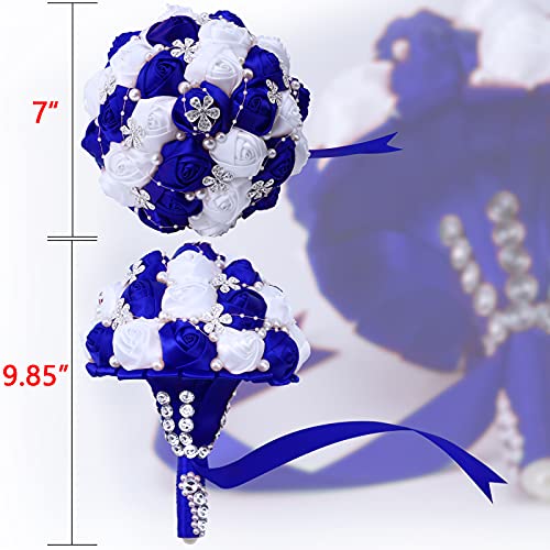 7Inch Handmade Wedding Flowers Bridal Bouquets Crystal Bride Holding Bouquet White Ivory Satin Roses with Diamond Pearl Ribbon.(bluewhite) - color: Bluewhite