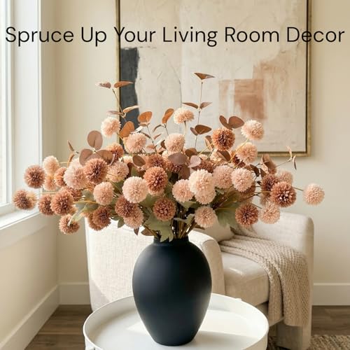 22pcs Artificial Beige & Brown Kiku Flowers with Eucalyptus Stems Bulk, Faux Silk Mum Pom Poms for Vase, Modern Farmhouse Boho Home Decor, Realistic Floral Centerpiece for Kitchen & Living Room - color: Beige & Brown