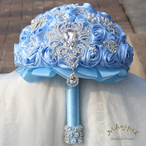 Bridal Wedding Bouquet Round Bling Brooch Bouquet Artificial Rose Flower Bunch for Bride Bridesmaid Wedding Quinceanera(Light Blue, 9.8") - color: Light Blue*, size: Large (Dia. 9.8"/25cm)