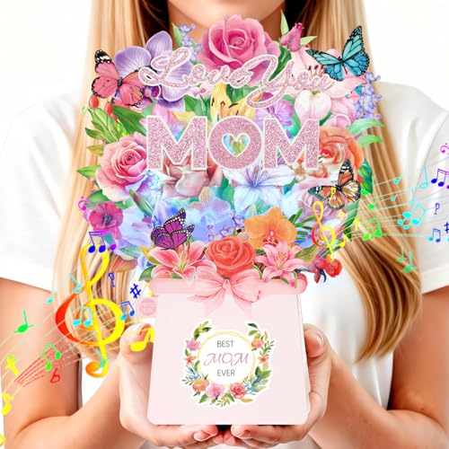 Birthday Card for MOM, LIGHTS & MUSIC Mothers Birthday Pop Up Card, Rose Lily Orchid and Butterflies, 10 Inch Life Sized Forever Flower Bouquet Mother’s Day Cards from Daughter, Son, Husband, Gifts Cards for Mom Wife Grandma - size: MOM