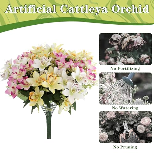 Coreland 12pcs Artificial Flowers Faux Cattleya Flower Bouquet for Vase Table Decorations Silk Flowers for Home Decor DIY Party Wedding Centerpieces Indoor Outdoor Arrangements (Vase not Included) - color: A Mix - 12 Pcs