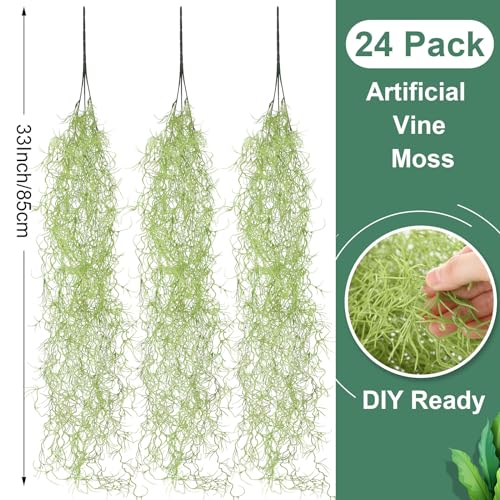 Cindeer 24 Pack Fake Spanish Moss Artificial Hanging Decoration Bulk Faux Greenery Moss Garland for Potted Wall Living Room Indoor Outdoor Decor(33 Inch,Green) - color: Green, size: 33 Inch