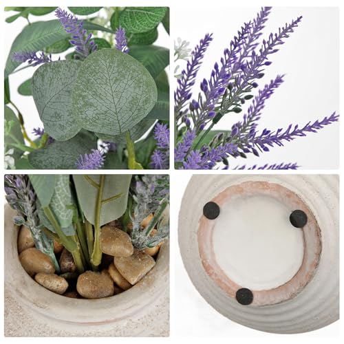 Briful Artificial Eucalyptus & Lavender Floral Arrangement – 14.5” Faux Centerpiece with Mixed Greenery in Textured White Ceramic Vase for Home, Office & Shelf Décor - color: White