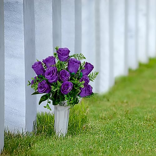 XONOR Artificial Cemetery Flowers, Set of 2 Artificial Rose Bouquet Grave Memorial Flowers with Vase for Cemetery Headstones Decoration (Purple) - color: Purple