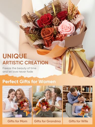 Bessol Flowers for Delivery Preserved Flower Bouquet Forever Fresh Flowers Birthday Gifts for Women Mom Anniversary Red Real Rose Gifts for Grandma Wife Girlfriend Sister Her from Daughter - color: Fall Preserved Flower Bouquet, size: Small