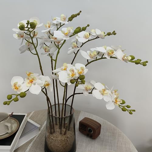 ATFL 8 Pack White Orchid Artificial Flowers Real Touch, 22'' Artificial Fake Faux Silk Orchid Stem Bouquets for Wedding Party Home Garden Decor,Orquideas Artificiales para Decora - color: White
