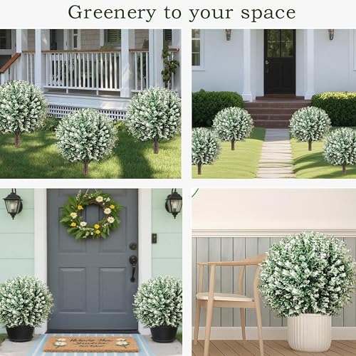 THKFUL 2PCS Artificial Boxwood Topiary Ball Tree, 24" Artificial Plants Outdoor with Spike, UV Resistant Eucalyptus Gazing Balls Fake Bushes Shrubs with Spike for 4th of July Garden Patio Office Home - style: White Boxwood