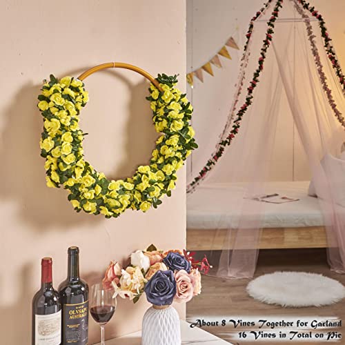 PONKING 8 Pcs x 8.2 ft Flower Garland Artificial Rose Vine Flowers with Green Leaves Hanging Fake Roses Vine for Room Party Home Wedding Birthday Christmas Wall Arch Decor, Spring Yellow Flower - color: Spring-yellow-8pcs, size: 8 Vines 66FT