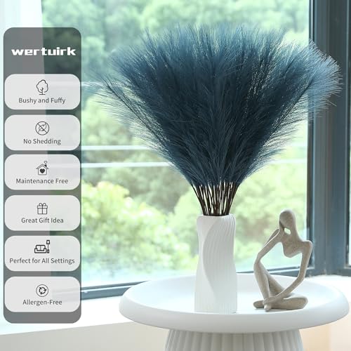 Wertuirk 60pcs Blue Pampas Grass - 24 Inch Faux Pampas Grass Decor , Tall Pompas Grass for Floor Vase, Table Centerpieces, Wedding, Party and Blue Living Room Decor - color: Blue, size: 60 Pieces